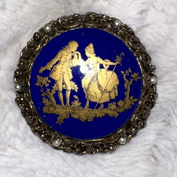 Vintage Jewelry - Vintage unsigned Victorian Courting Couple Brooch Pin Blue and Gold Pearls